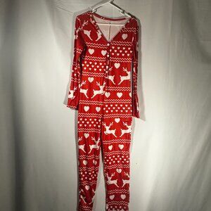 Red Reindeer & Heart Christmas Pajama Jumpsuit Small